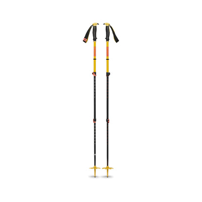 Pair of black and yellow hiking poles on a white background