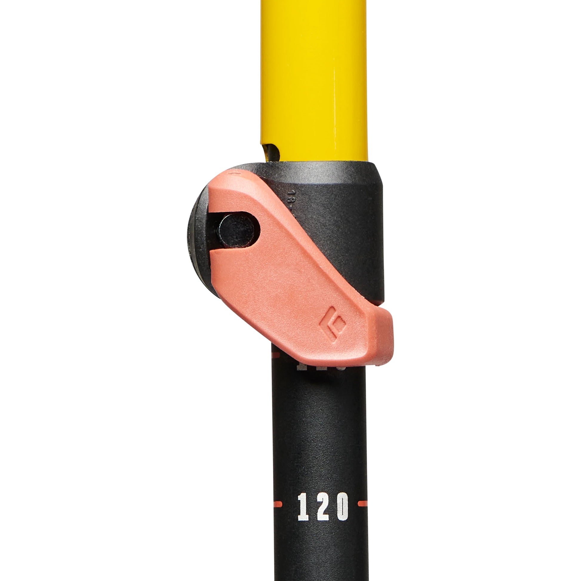 Close-up of a ski pole with a black and yellow design on a white background