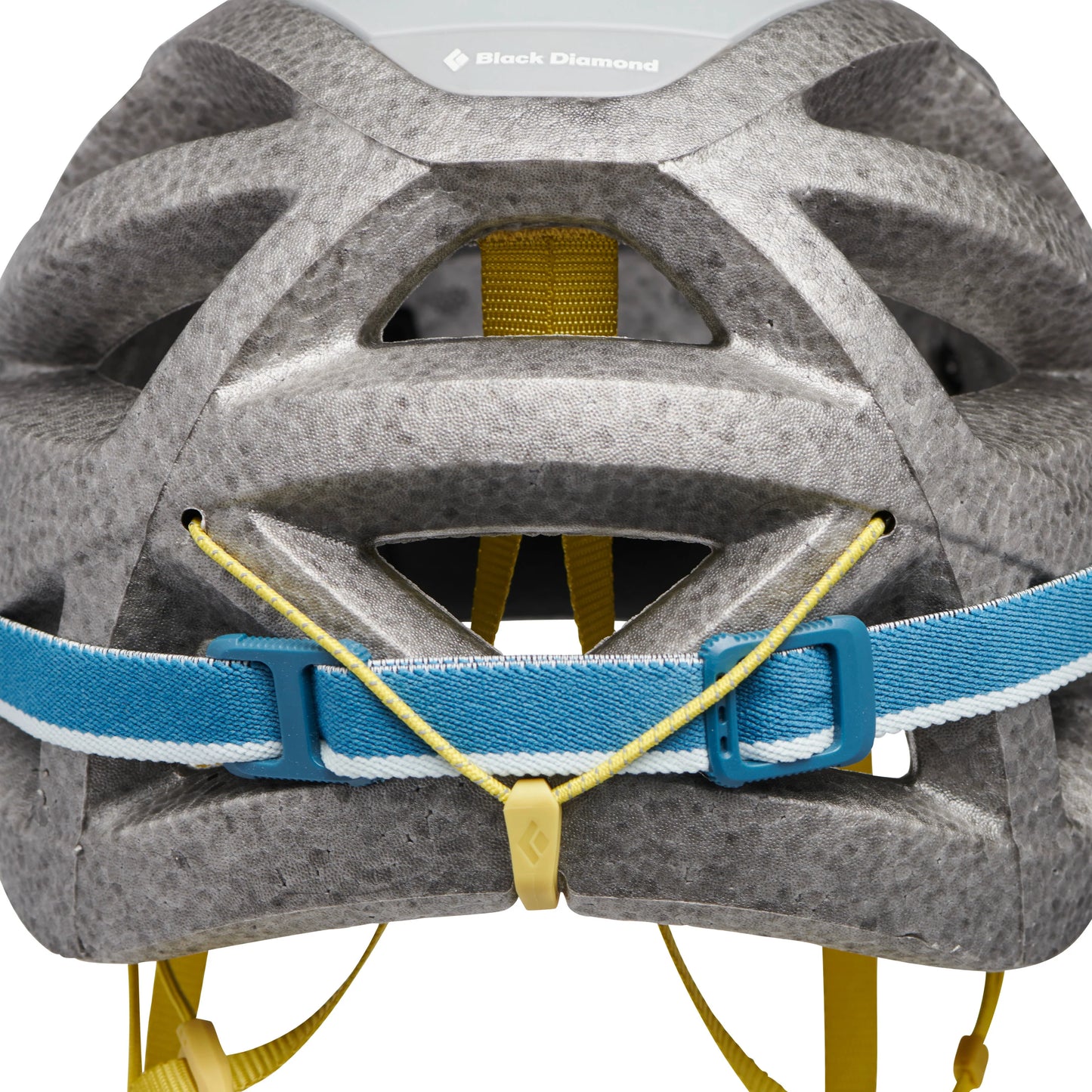 Close-up of a gray helmet with blue and yellow straps on a white background