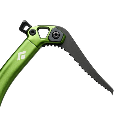 Green and black folding knife with a brand logo on a white background