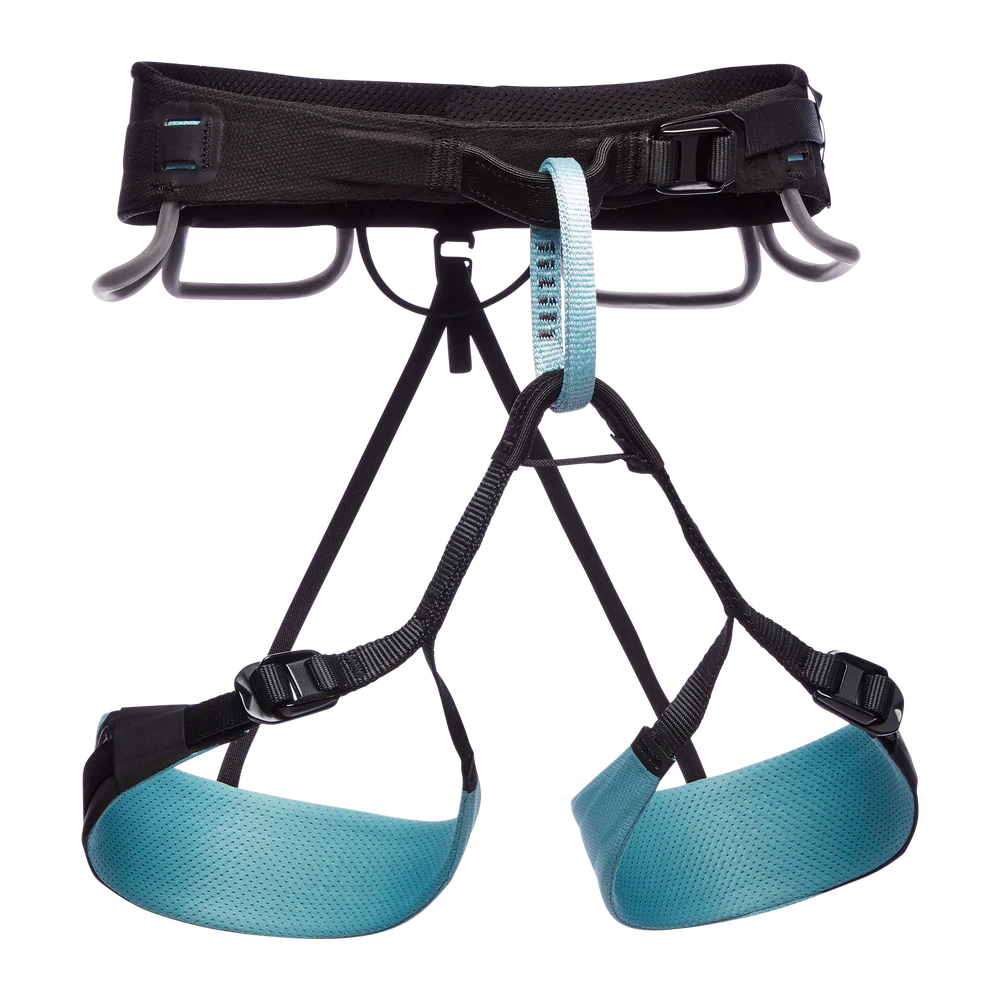Climbing harness with black straps and blue pads on a white background