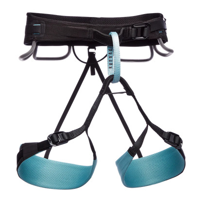 Climbing harness with black straps and blue pads on a white background