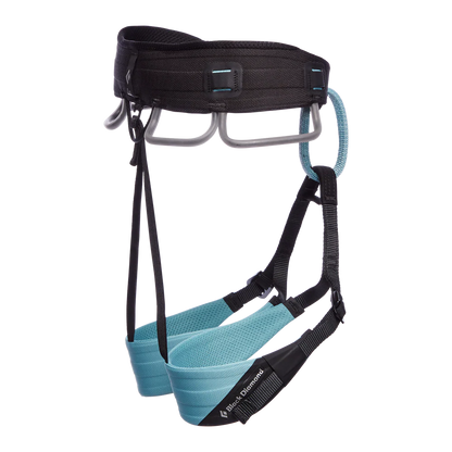 Climbing harness with blue descenders and black straps on a white background