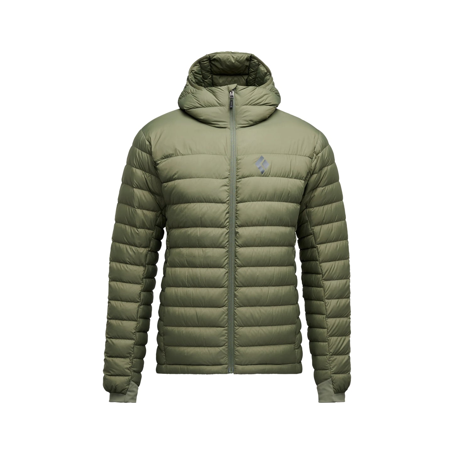 Green down hoodie on white background