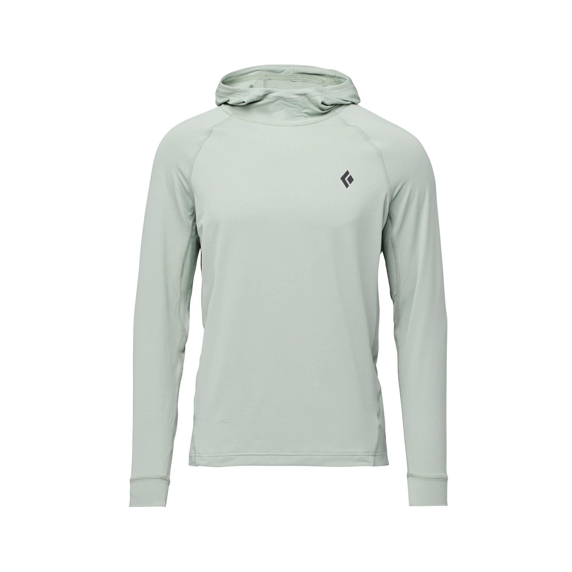 Light gray long-sleeve hoodie with a brand logo on a white background