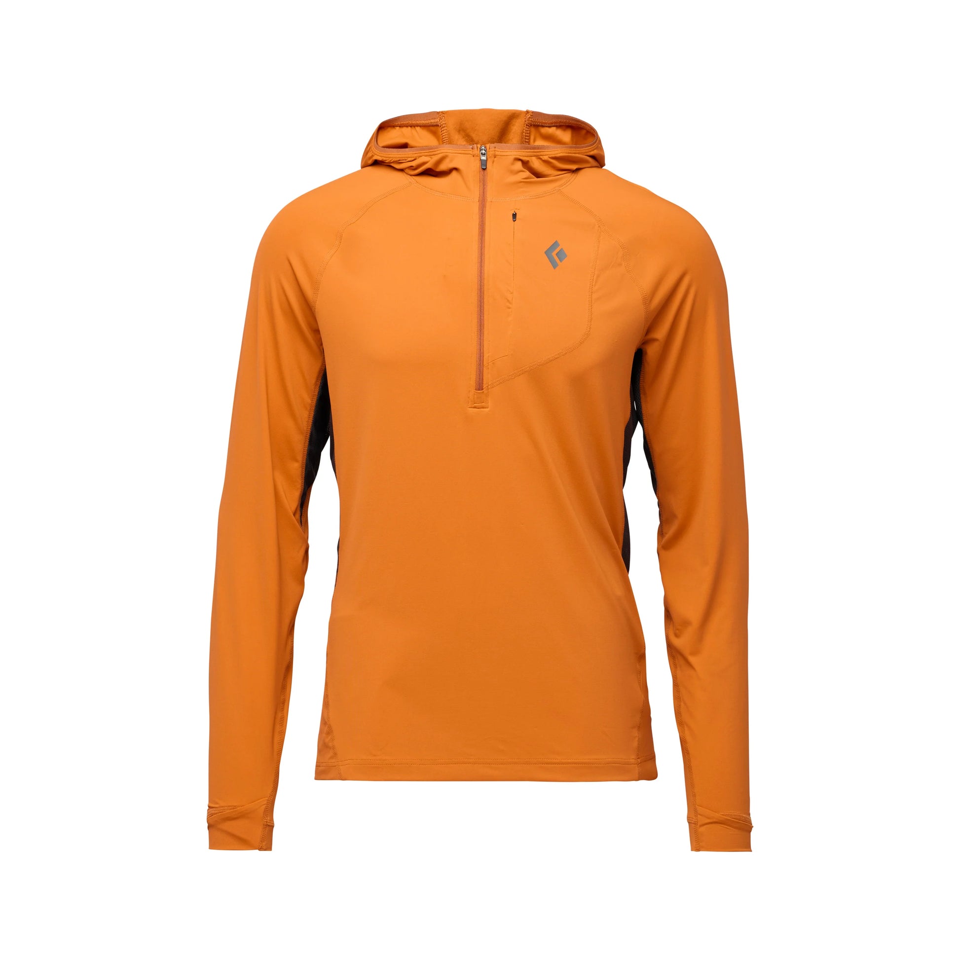 Orange long-sleeve hoodie with a brand logo on a white background