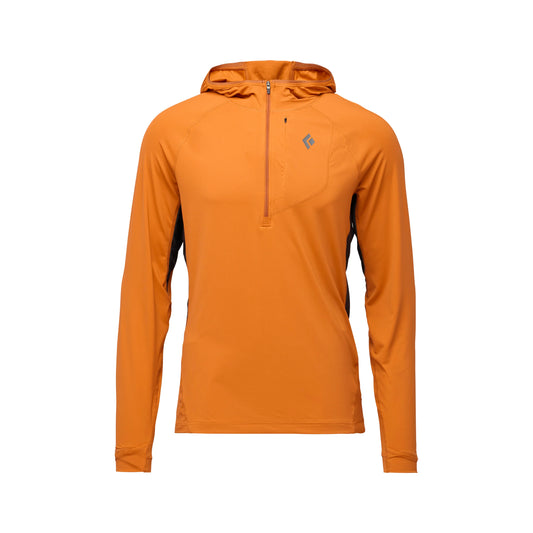 Orange long-sleeve hoodie with a brand logo on a white background
