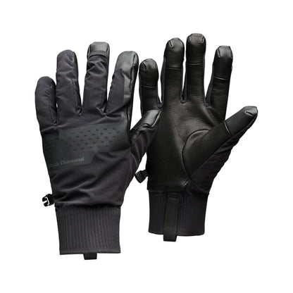 Pair of black gloves with text on a white background