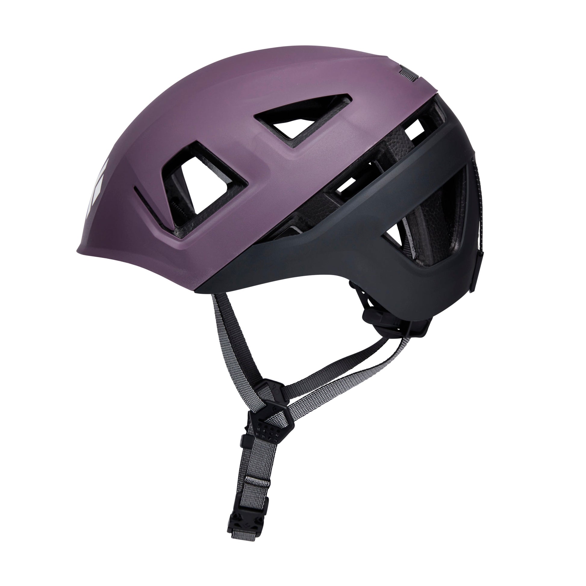 Purple helmet with black straps on a white background