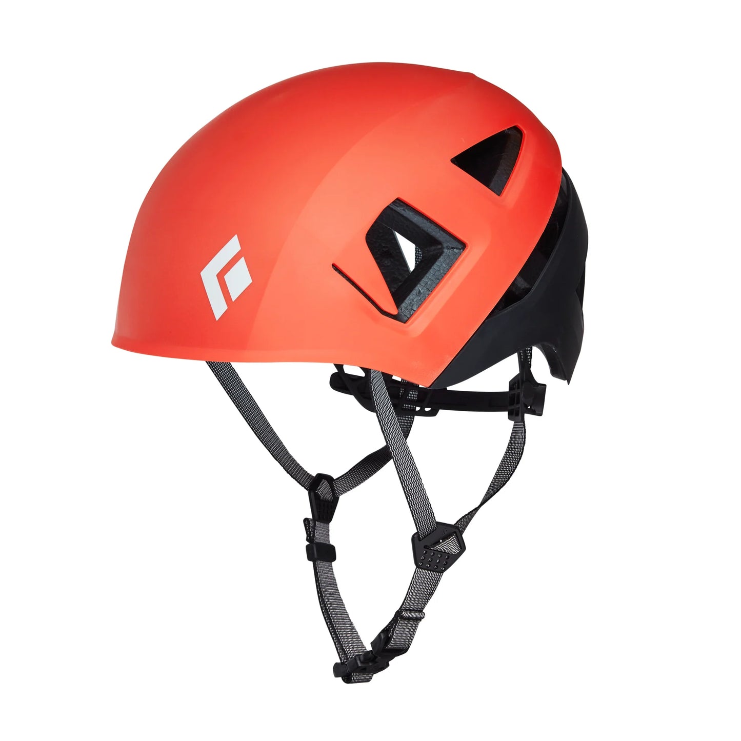 Orange helmet with black straps on a white background
