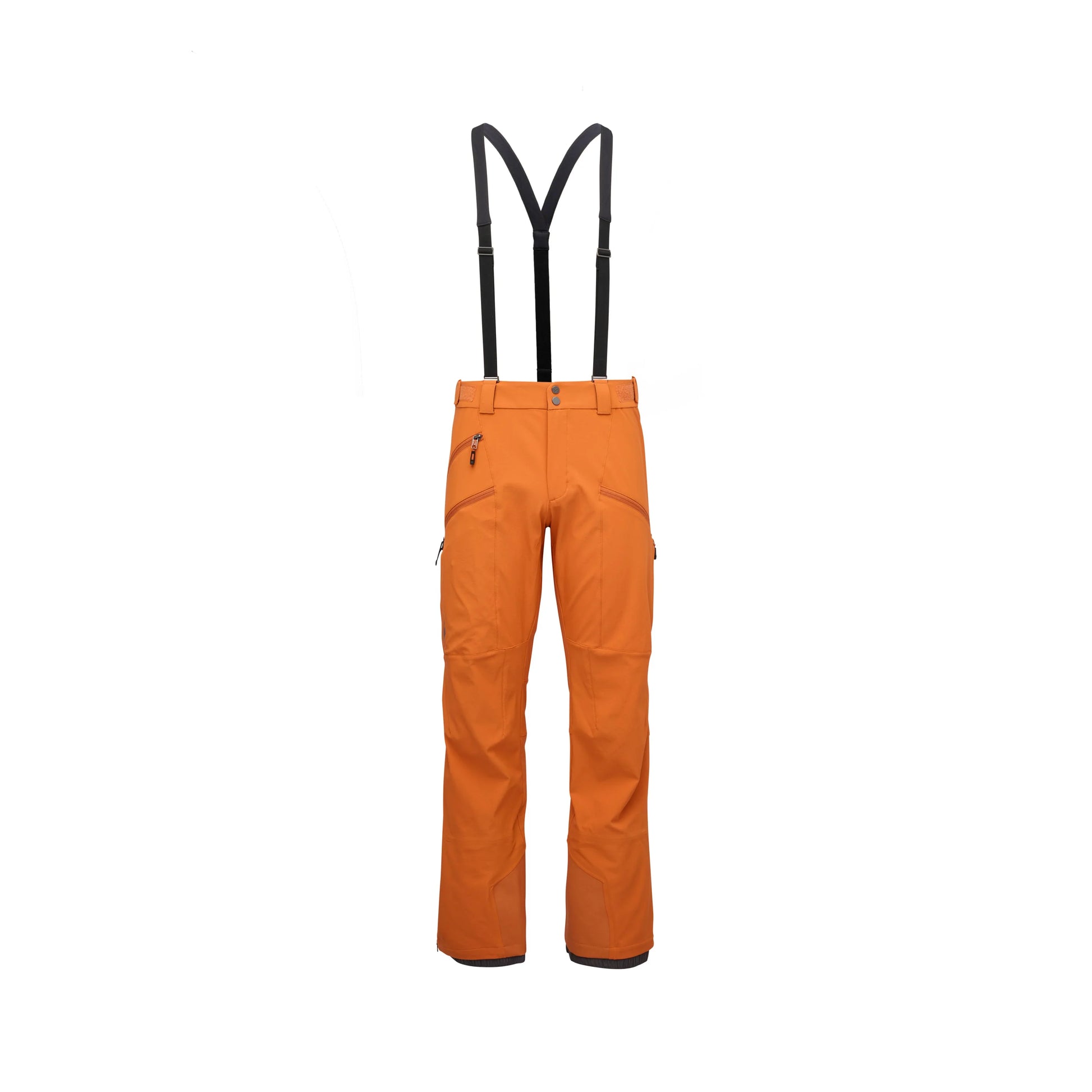 Orange ski pants with black suspenders on a white background