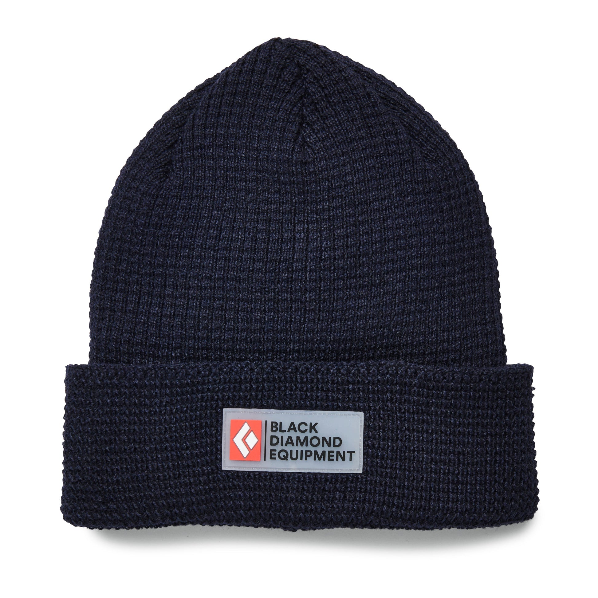Black knit beanie with Black Diamond Equipment logo on a white background