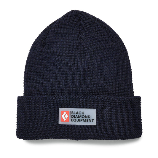 Black knit beanie with Black Diamond Equipment logo on a white background