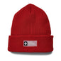 Red knit beanie with Black Diamond Equipment logo on a white background