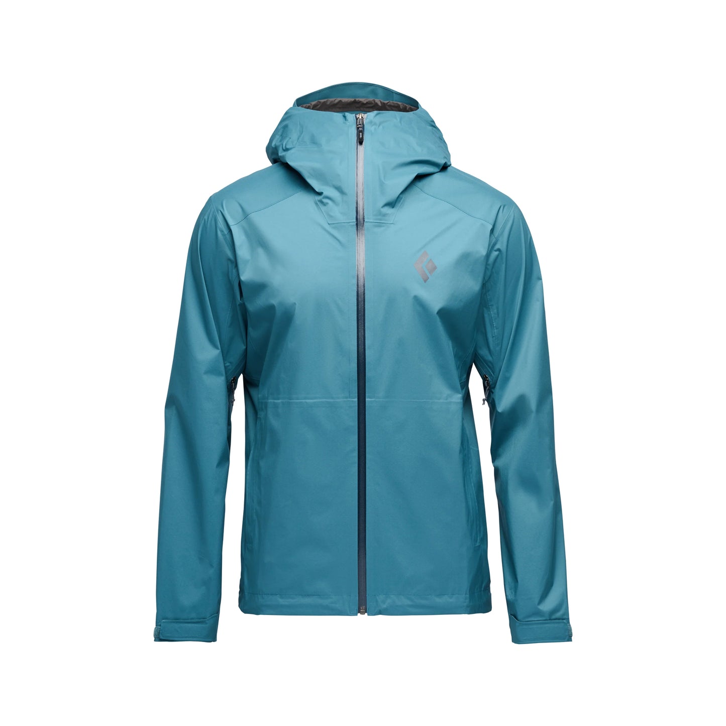 Teal jacket with a hood on a white background