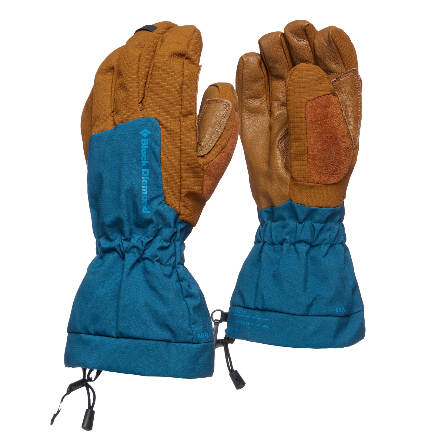 Pair of blue and brown gloves with Black Diamond logo on a white background