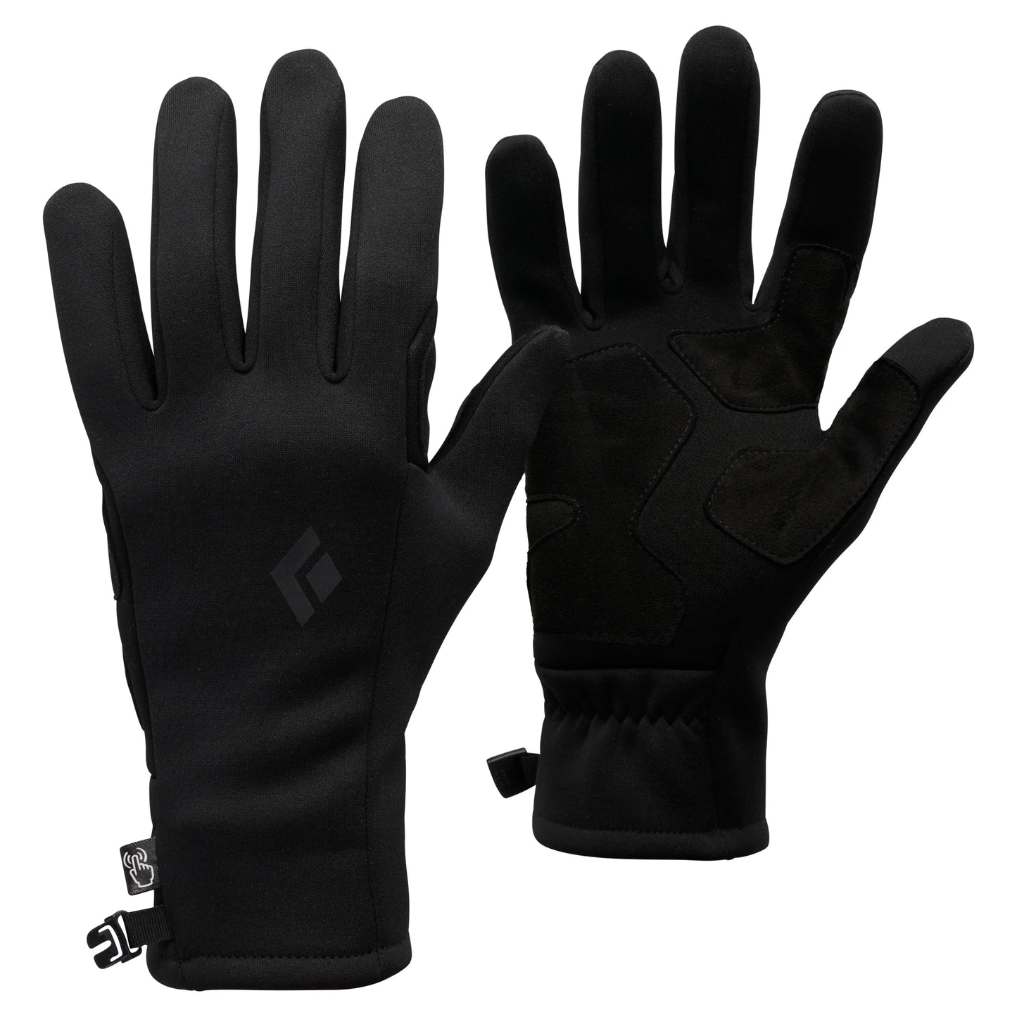 Black gloves with a brand logo on a white background