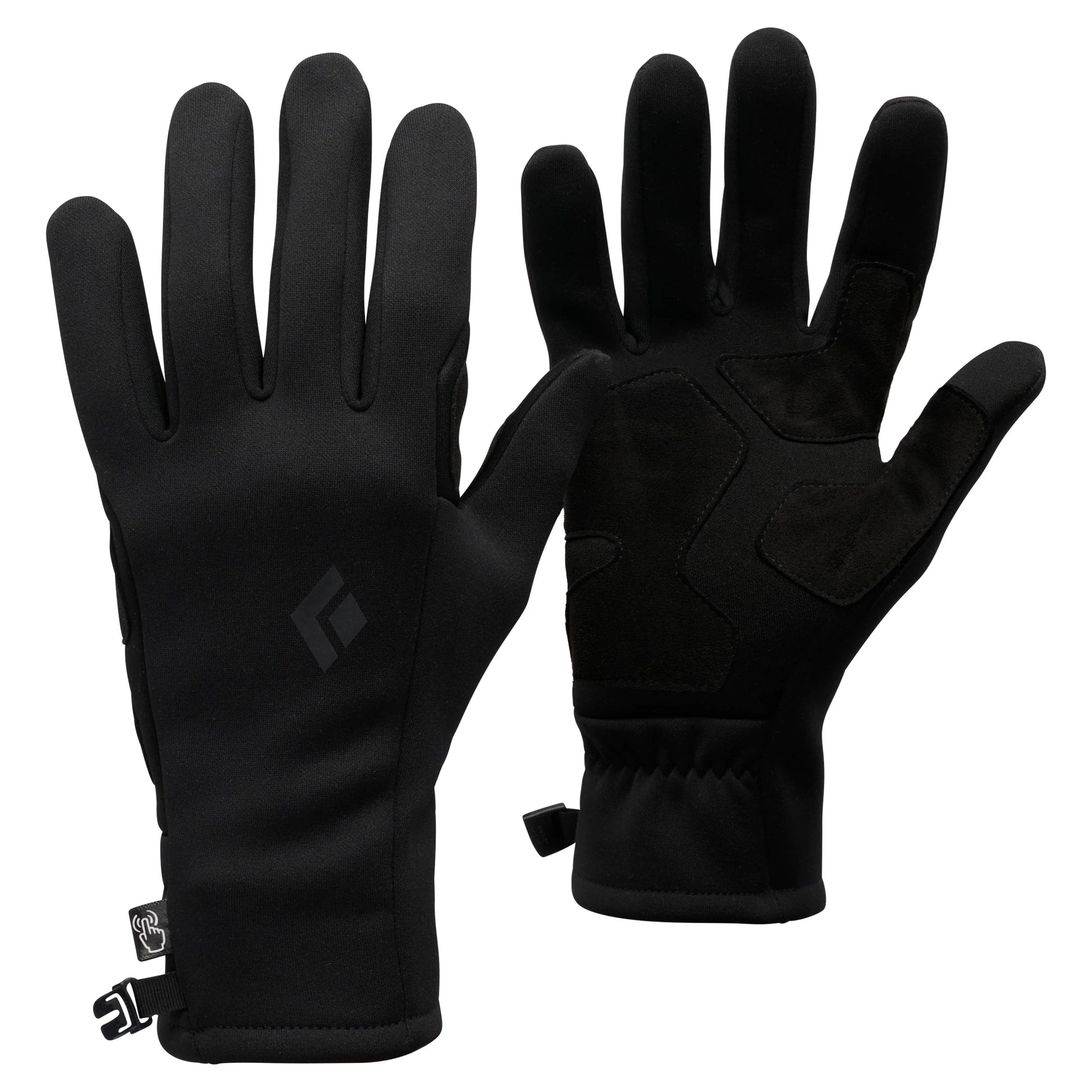 Black gloves with a brand logo on a white background