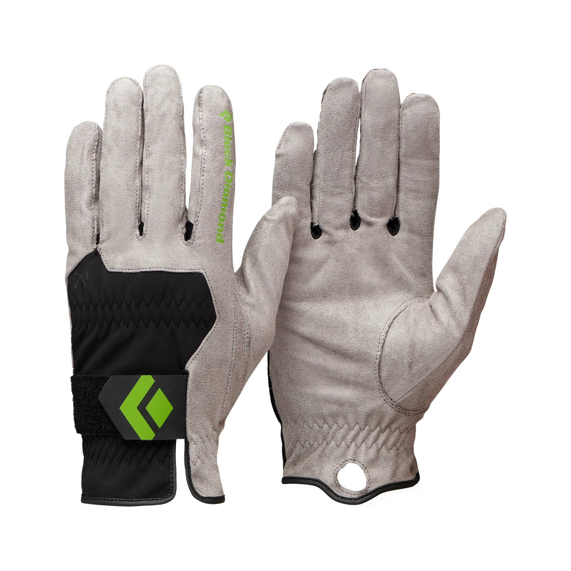 Pair of gray gloves with black and green accents on a white background