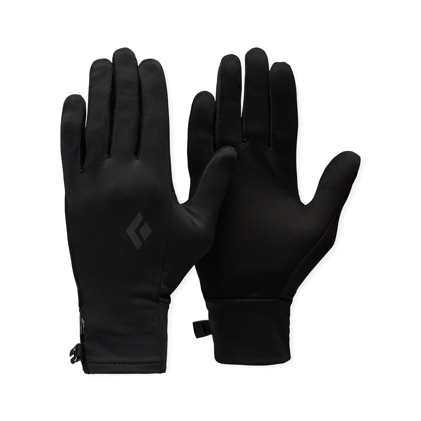 Pair of black gloves with a brand logo on a white background