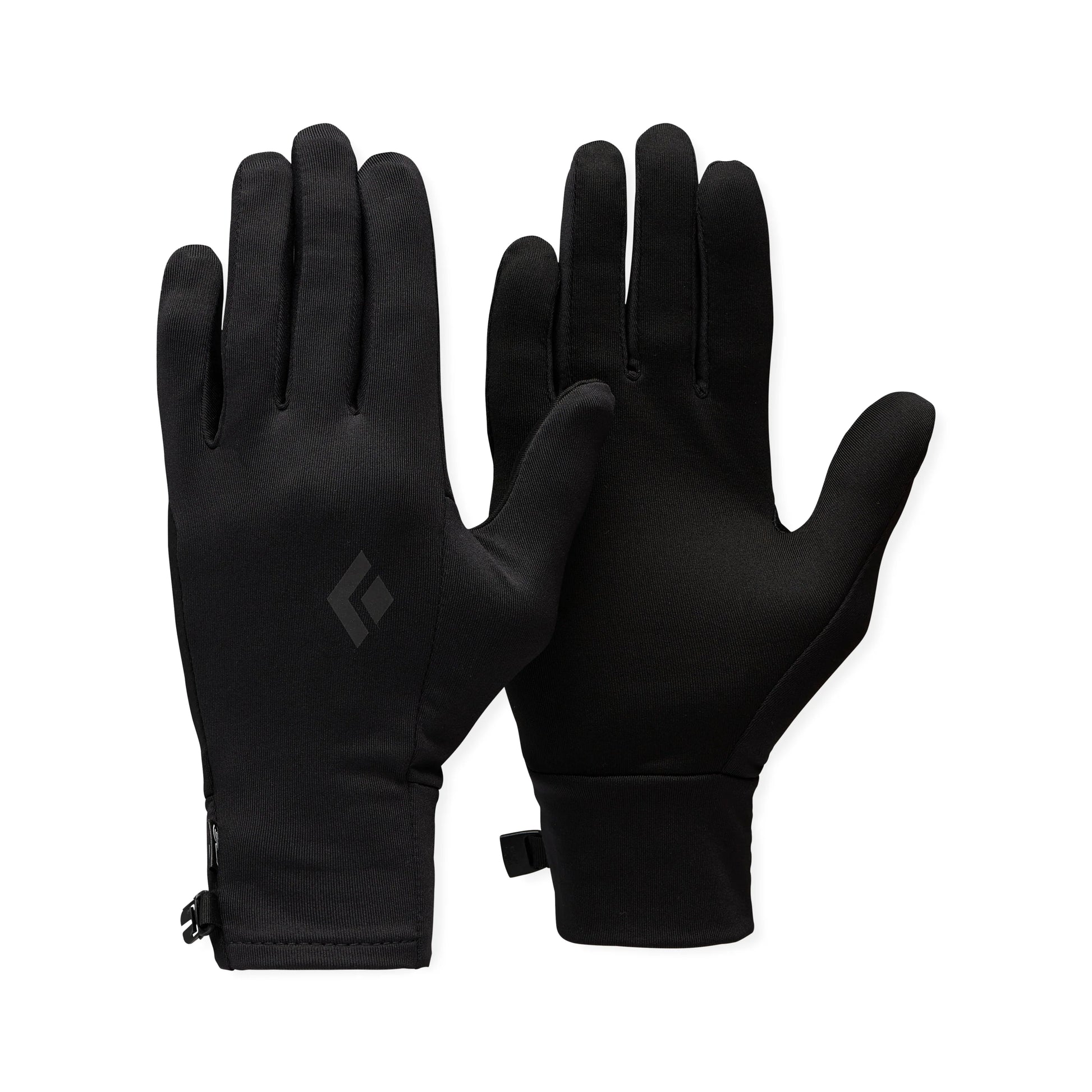 Pair of black gloves with a brand logo on a white background