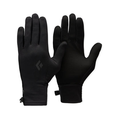 Pair of black gloves with a brand logo on a white background