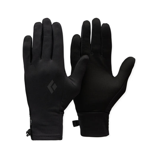 Pair of black gloves with a brand logo on a white background