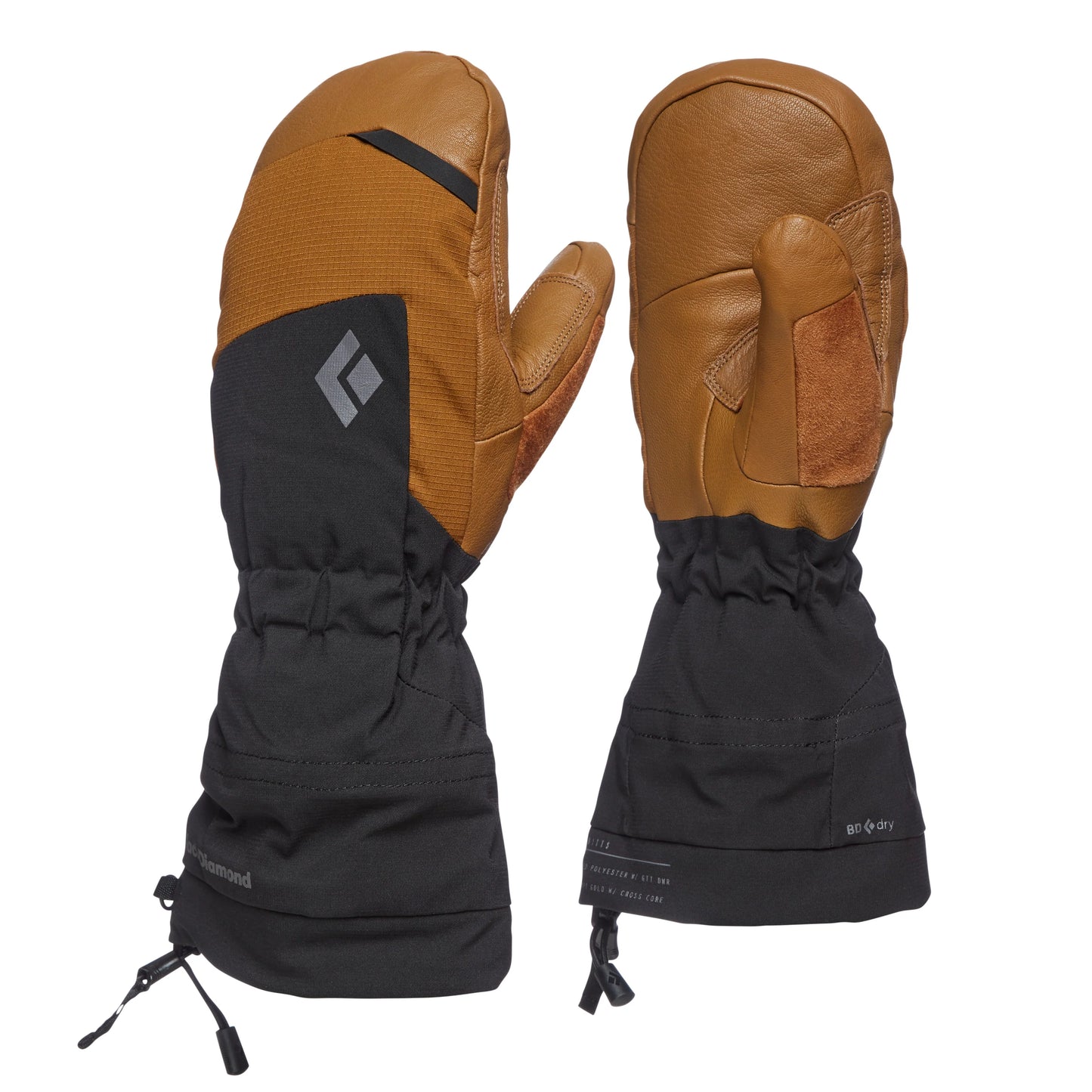Pair of black and brown gloves with a visible brand logo on a white background