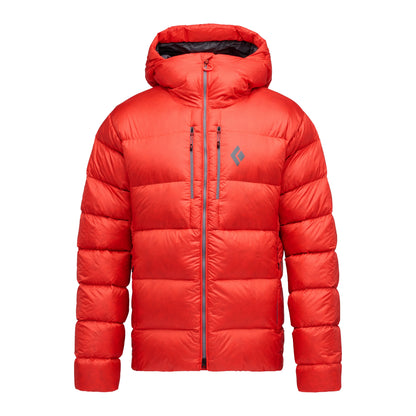Red puffer jacket with a brand logo on a white background