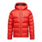 Red puffer jacket with a brand logo on a white background