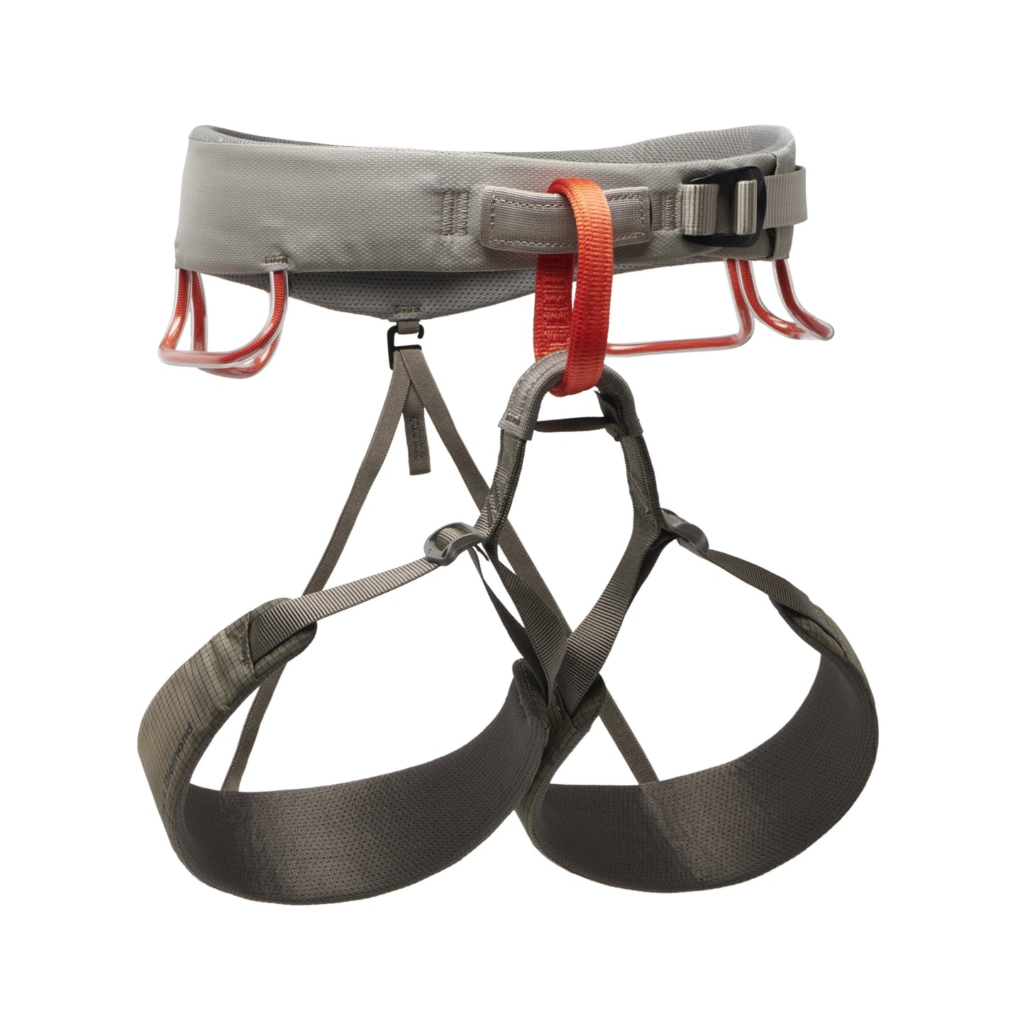 Gray climbing harness with red accents on a white background