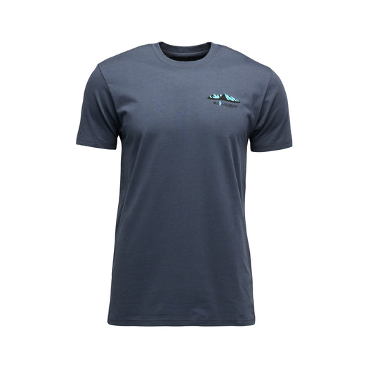 Navy blue t-shirt with a small logo on the chest against a white background