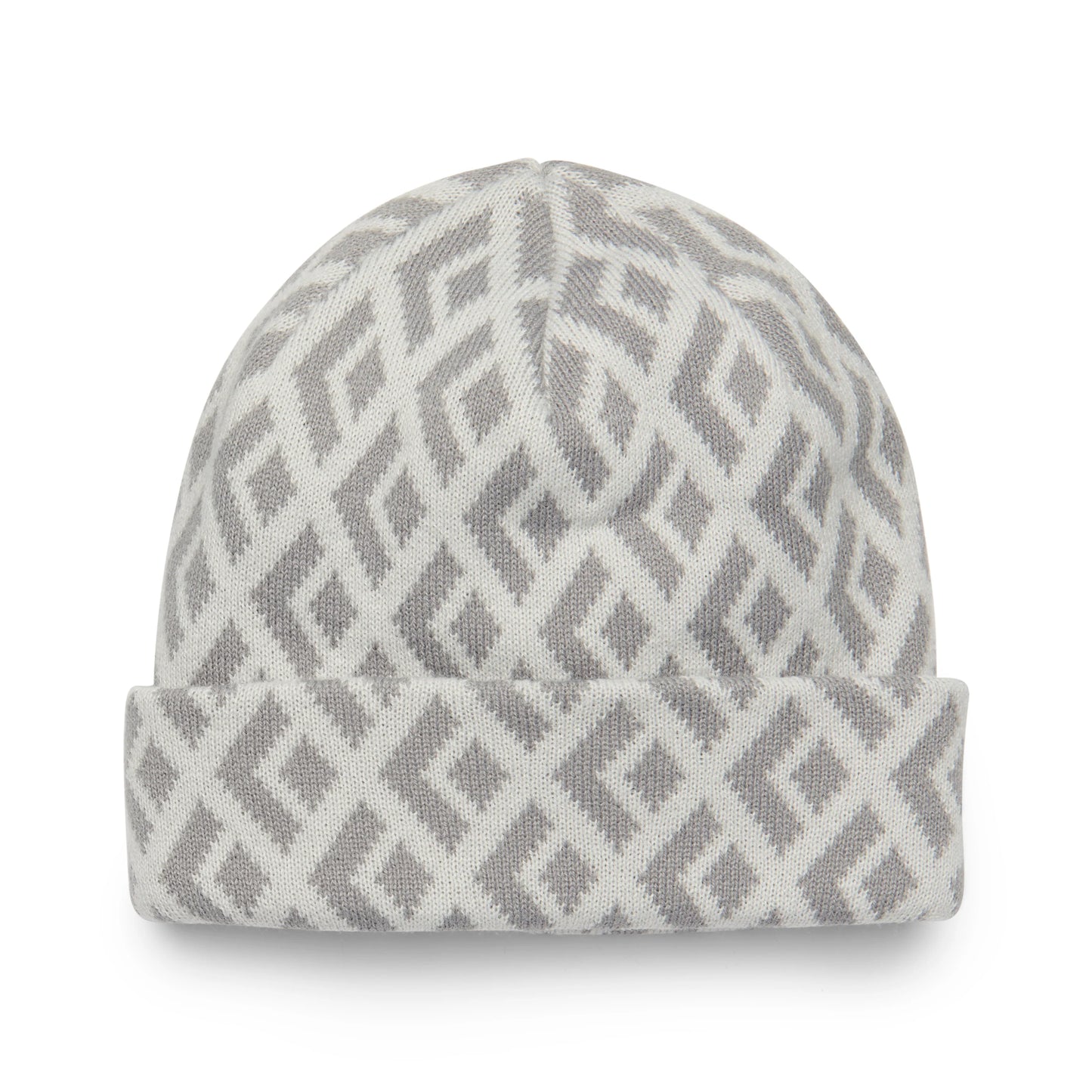 Gray and white patterned beanie on a white background