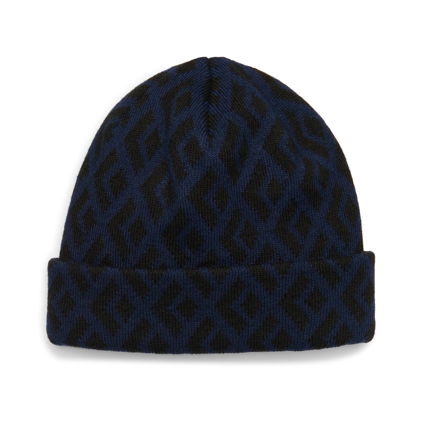 Navy blue beanie with geometric pattern on a white background