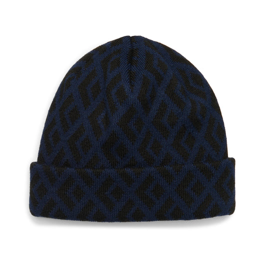 Navy blue beanie with geometric pattern on a white background