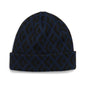 Navy blue beanie with geometric pattern on a white background