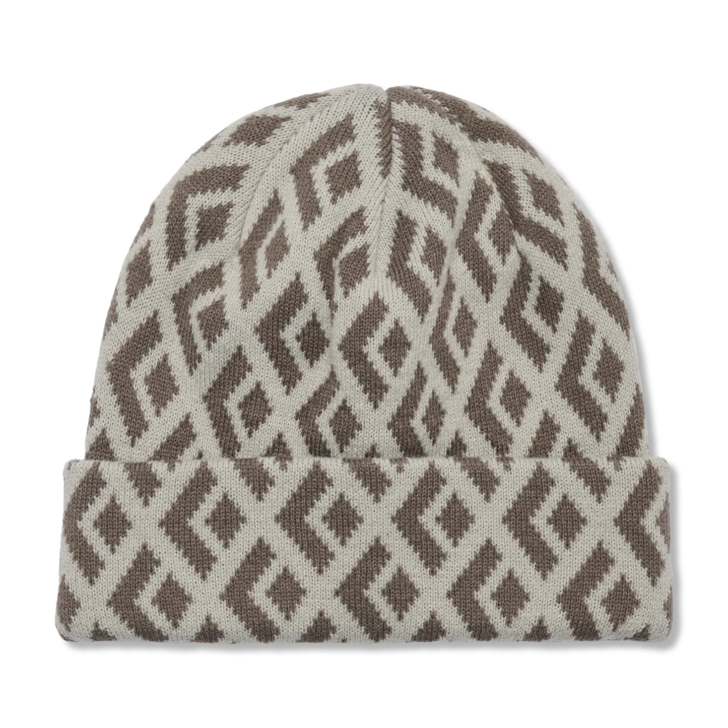 Beige and brown patterned beanie on a white background