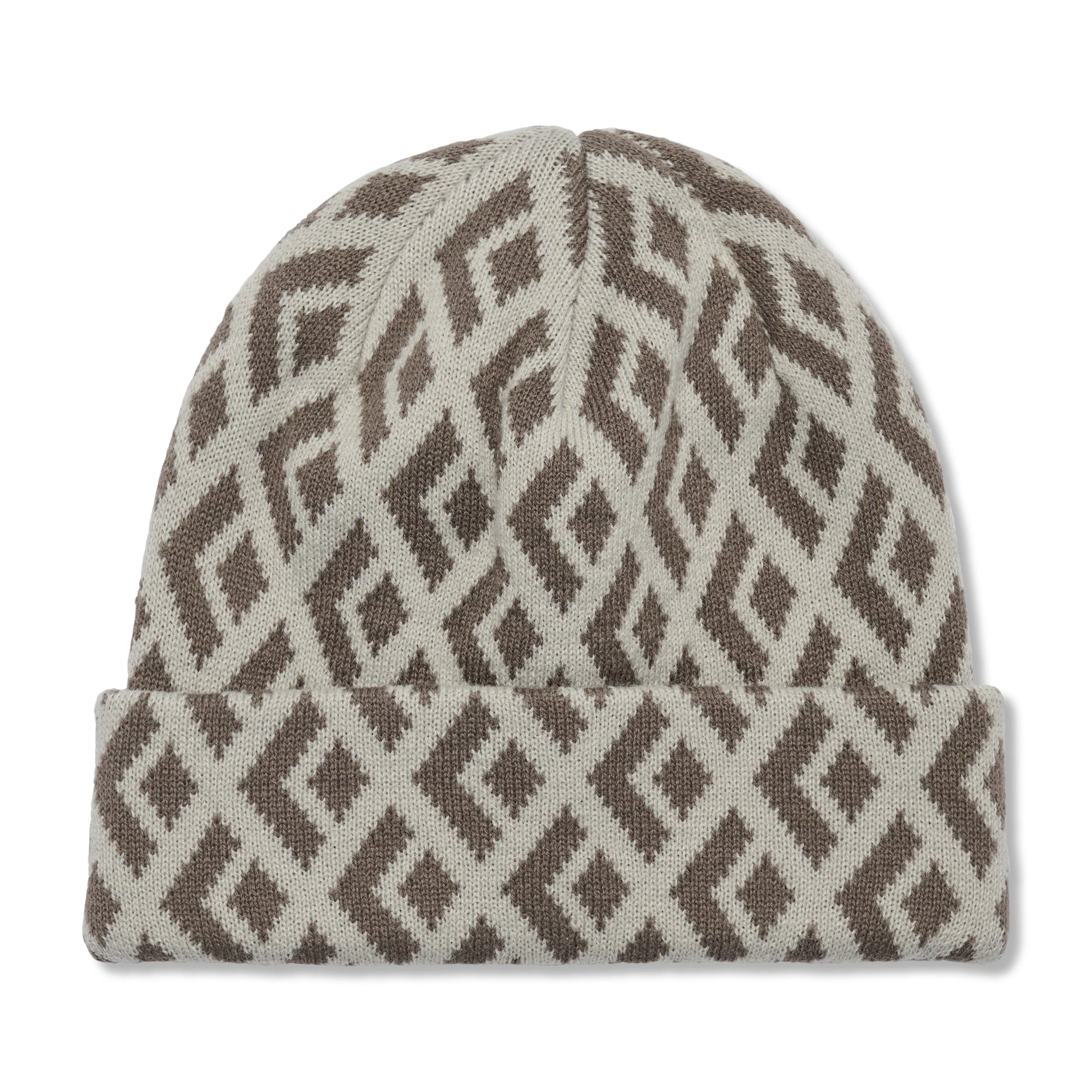 Beige and brown patterned beanie on a white background