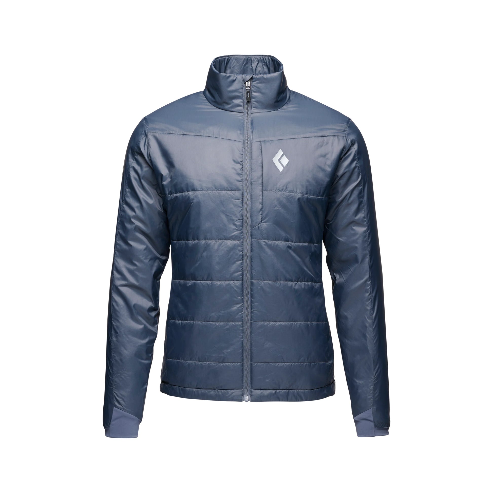 Blue puffer jacket with a brand logo on a white background