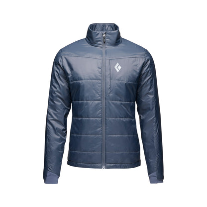 Blue puffer jacket with a brand logo on a white background