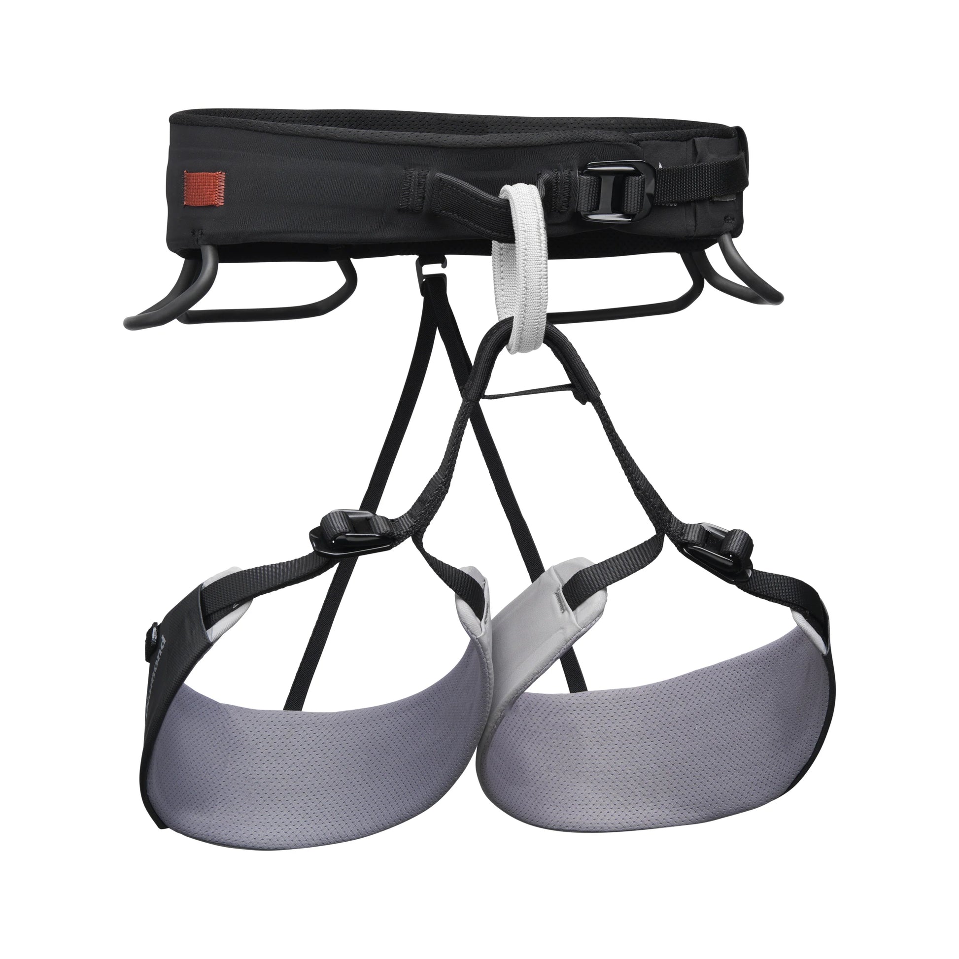 Climbing harness with black and gray straps on a white background