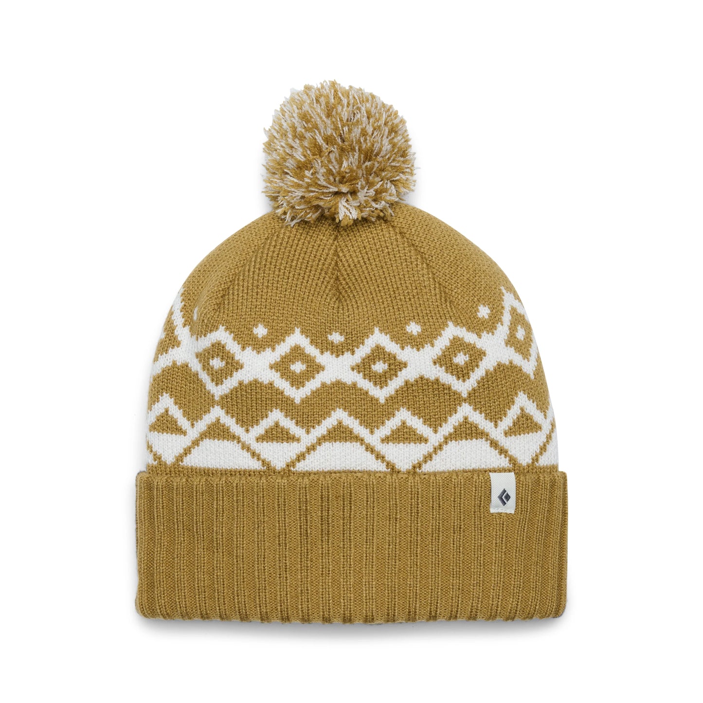 Brown knit beanie with white geometric pattern and pom-pom on a white background