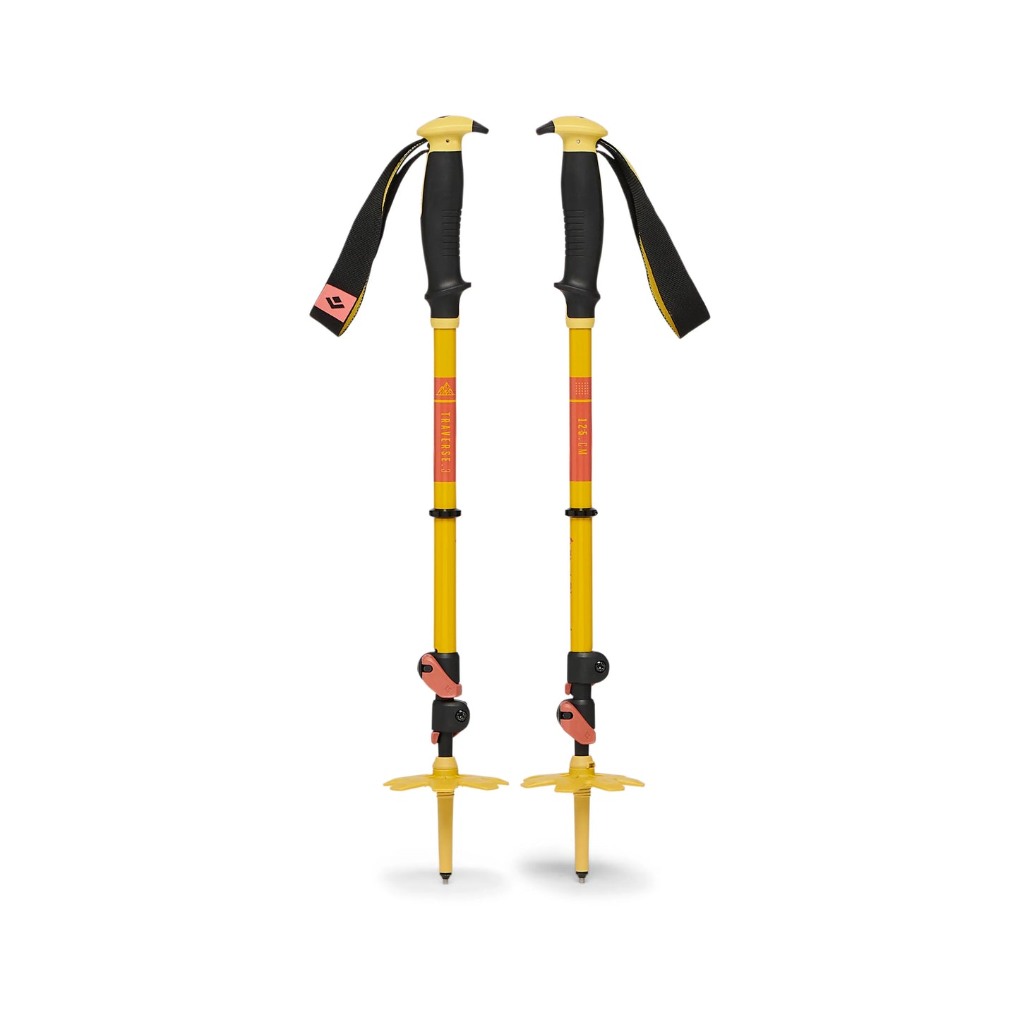 Pair of yellow hiking poles with black and red accents on a white background