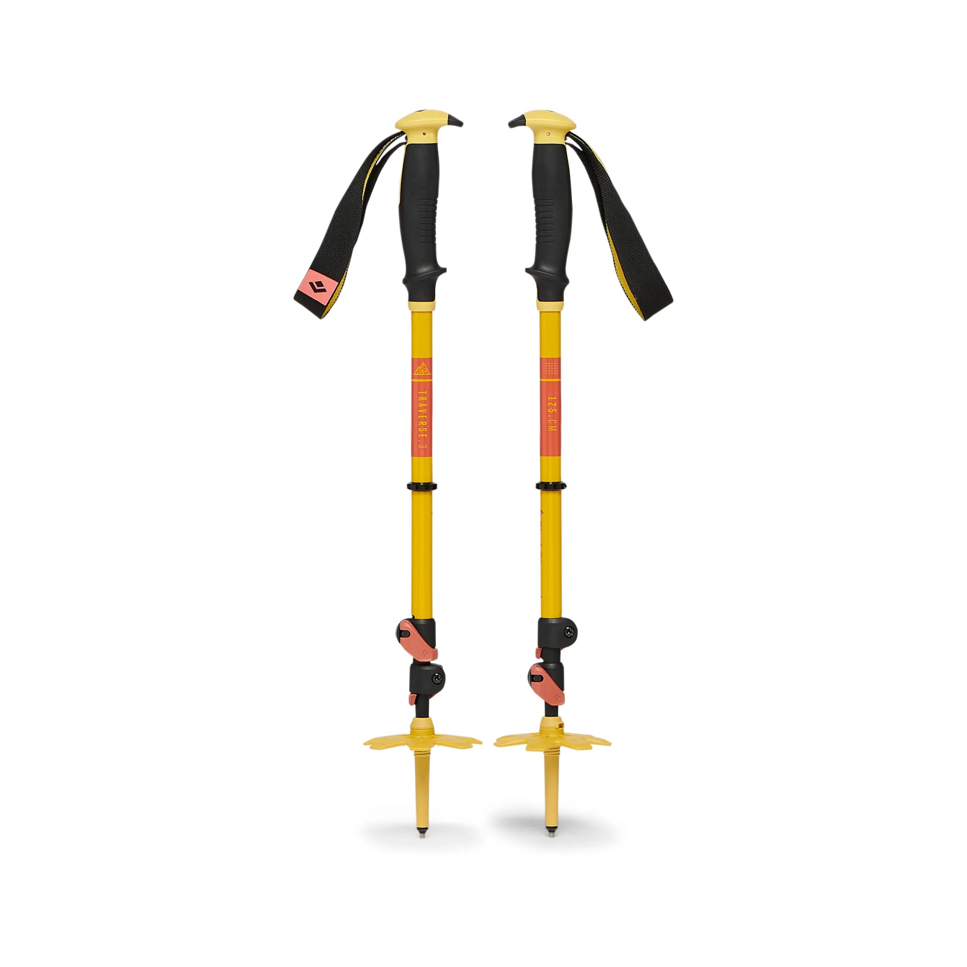 Pair of yellow hiking poles with black and red accents on a white background