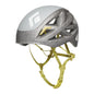 Gray climbing helmet with yellow chin strap on a white background
