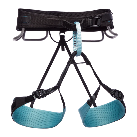 Climbing harness with black straps and blue pads on a white background
