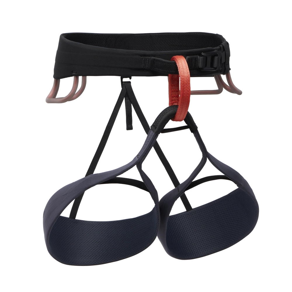 Black climbing harness with red buckle on a white background