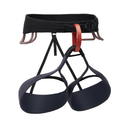 Black climbing harness with red buckle on a white background