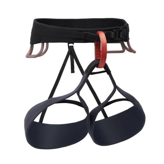 Black climbing harness with red buckle on a white background