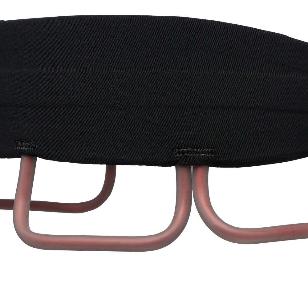 Black seat cover with metal frame on a white background